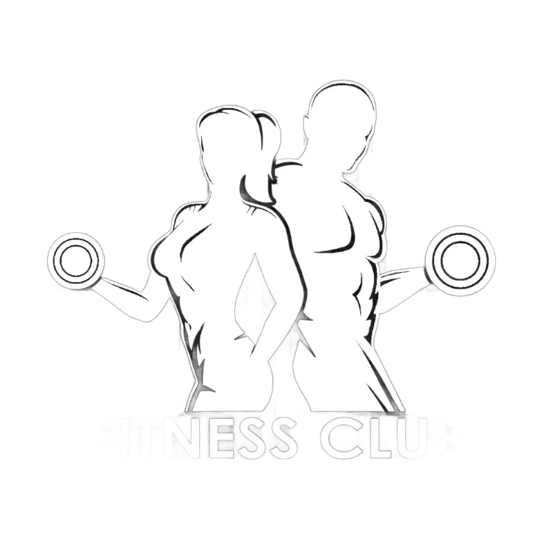 Fitness Club logo featuring male and female bodybuilders lifting dumbbells